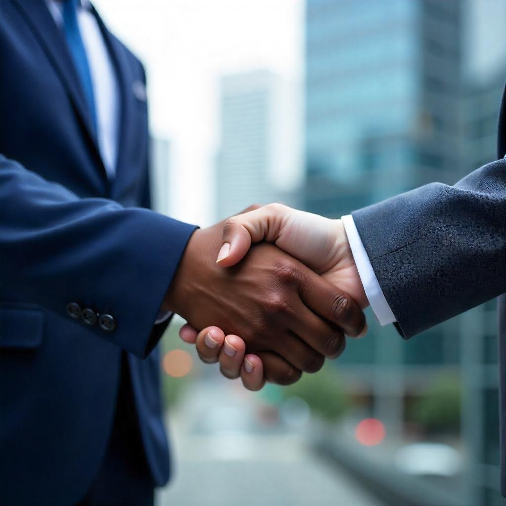 Aperto de mãos entre duas pessoas, um homem negro e uma mulher branca, ambos vestindo ternos, o homem com terno e gravata azuis, a mulher com terno cinza, o fundo está desfocado em uma grande cidade. O foco está nas mãos, que estão entrelaçadas em um firme aperto de mãos. A imagem pretende transmitir um senso de confiança, cooperação e sucesso.